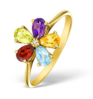 9K Gold Diamond and Multi Stone Flower Ring - E4177
