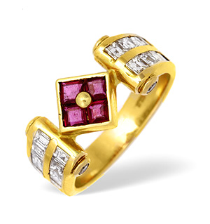 18KY Princess Diamond and Ruby Ring with Square Detail 0.75ct