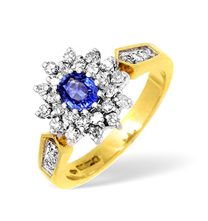 18KY Diamond and Sapphire Cluster Ring with Shoulder Detail 0.50CT