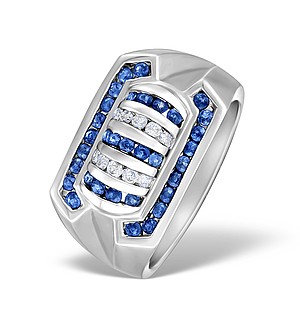 9K White Gold Diamond and Sapphire Mens Ring