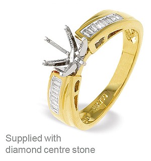 18K Gold Diamond Claw Ring Mount with Baguette Detail on Shoulders