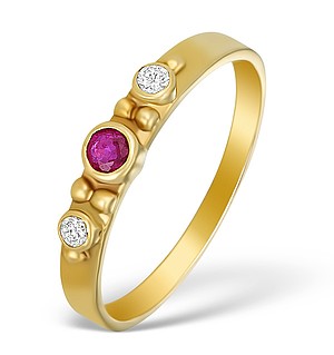9K Gold Diamond and Ruby 3 Stone Ring - A3973