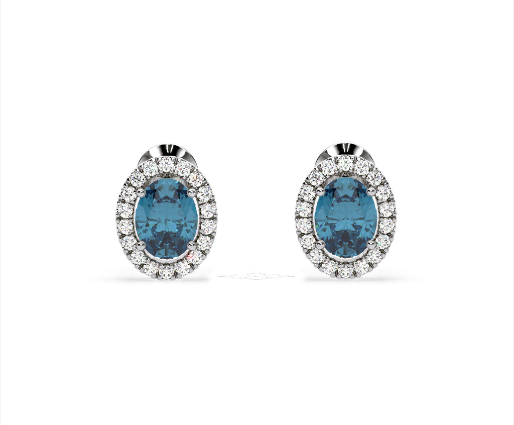 Georgina Blue Lab Diamond 2.45ct Oval Halo Earrings in 18K White Gold - Elara Collection