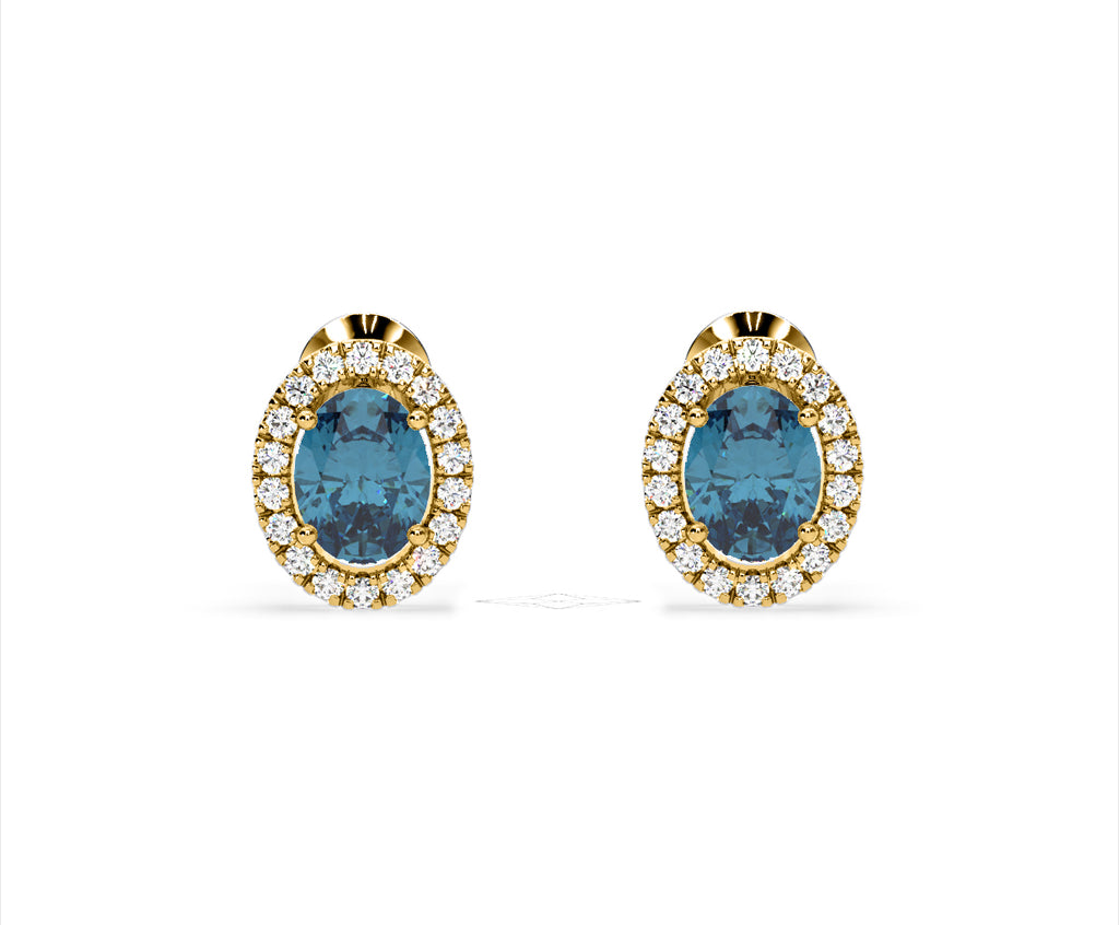 Georgina Blue Lab Diamond 2.45ct Oval Halo Earrings in 18K Gold - Elara Collection