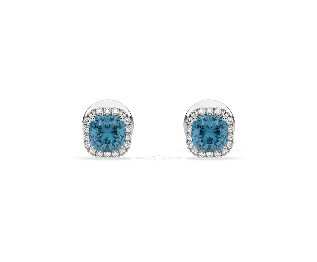 Beatrice Blue Lab Diamond Cushion Cut 1.30ct Halo Earrings in 18K White Gold - Elara Collection