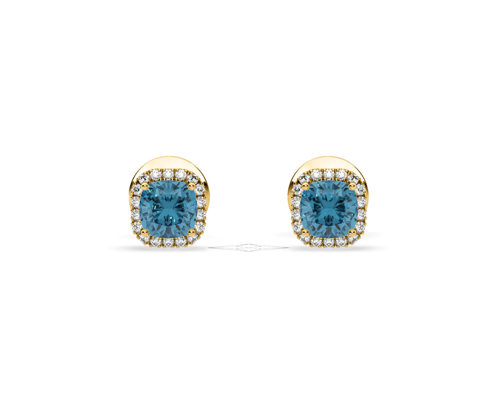 Beatrice Blue Lab Diamond Cushion Cut 1.30ct Halo Earrings in 18K Yellow Gold - Elara Collection