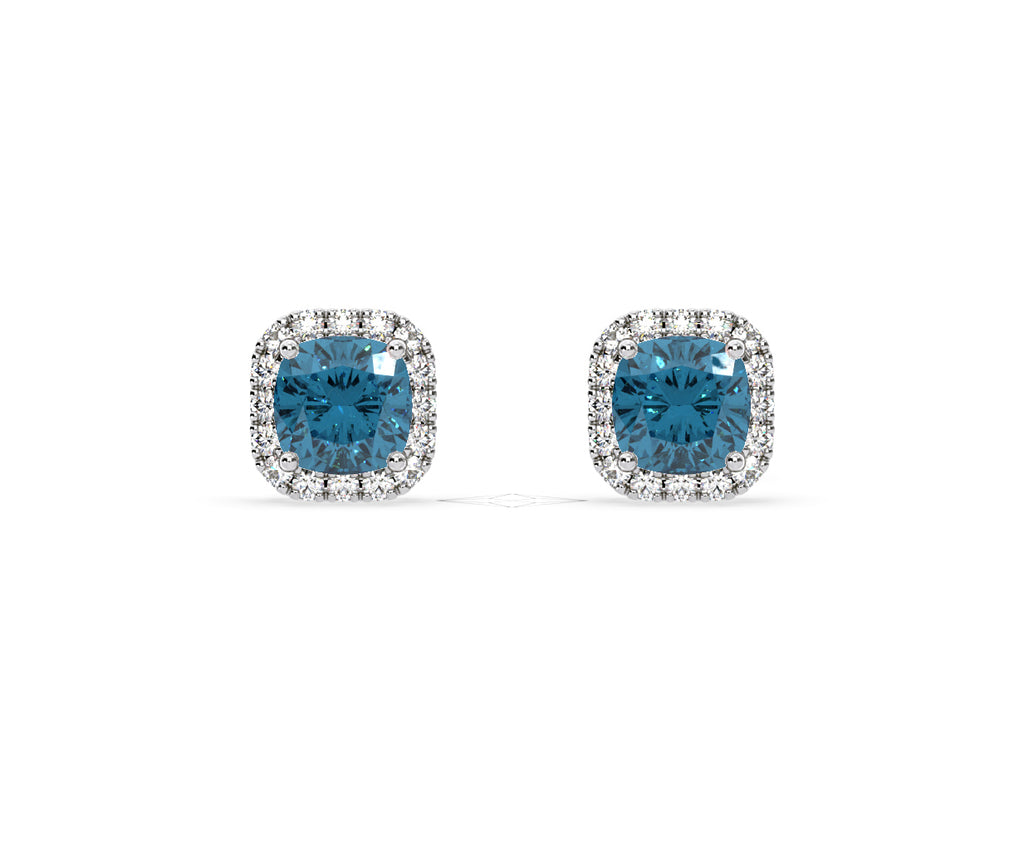 Beatrice Blue Lab Diamond Cushion Cut 2.45ct Halo Earrings in 18K White Gold - Elara Collection