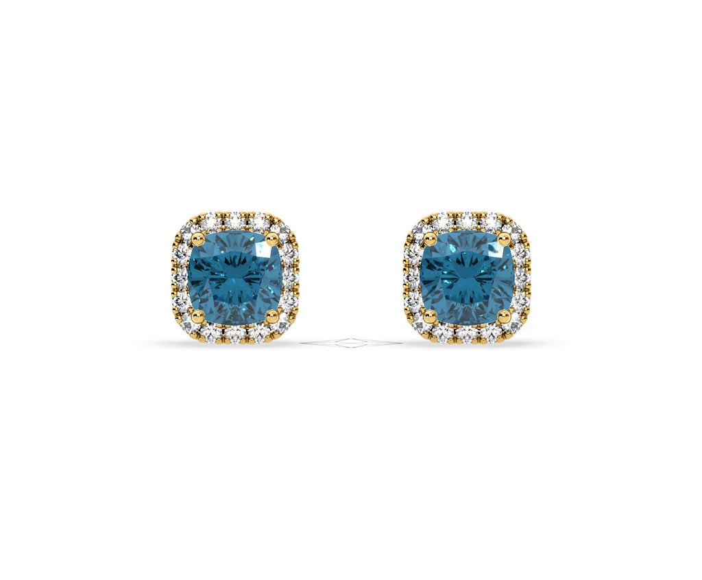 Beatrice Blue Lab Diamond Cushion Cut 2.45ct Halo Earrings in 18K Yellow Gold - Elara Collection