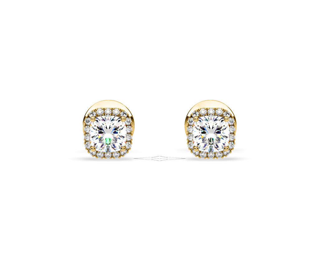 Beatrice Cushion Cut Lab Diamond Halo Earrings 1.30ct in 18K Yellow Gold F/VS1