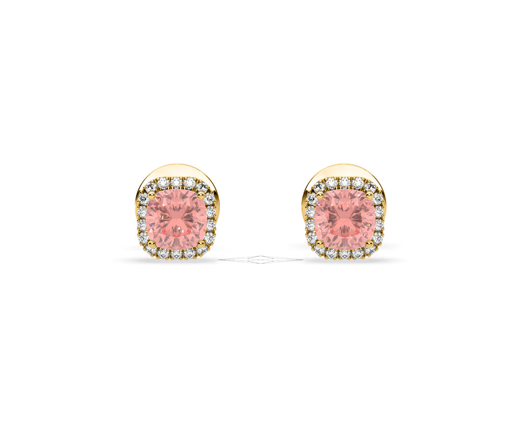 Beatrice Pink Lab Diamond Cushion Cut 1.30ct Halo Earrings in 18K Yellow Gold - Elara Collection