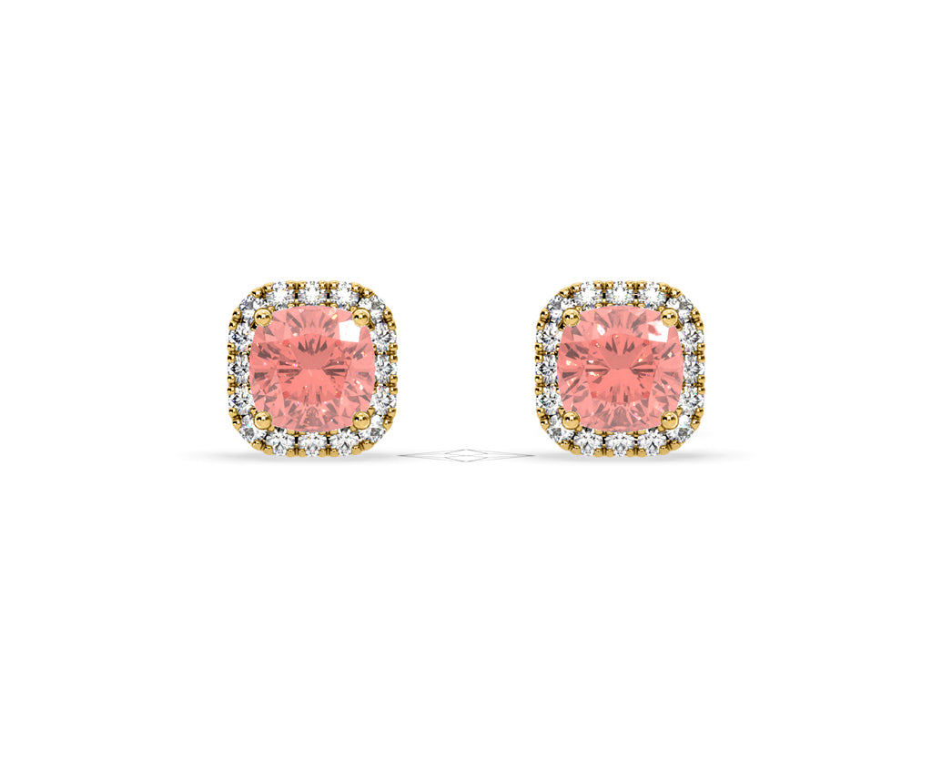 Beatrice Pink Lab Diamond Cushion Cut 2.45ct Halo Earrings in 18K Yellow Gold - Elara Collection