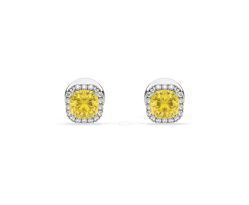 Beatrice Yellow Lab Diamond Cushion Cut 1.30ct Halo Earrings in 18K White Gold - Elara Collection