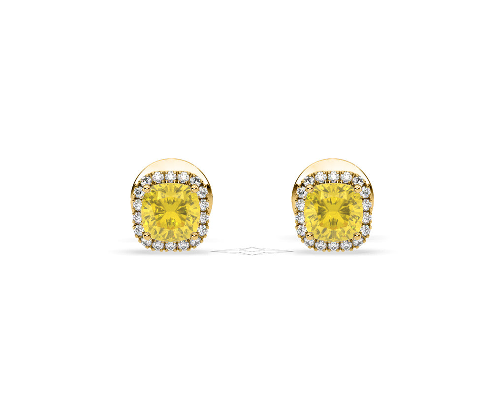 Beatrice Yellow Lab Diamond Cushion Cut 1.30ct Halo Earrings in 18K Yellow Gold - Elara Collection