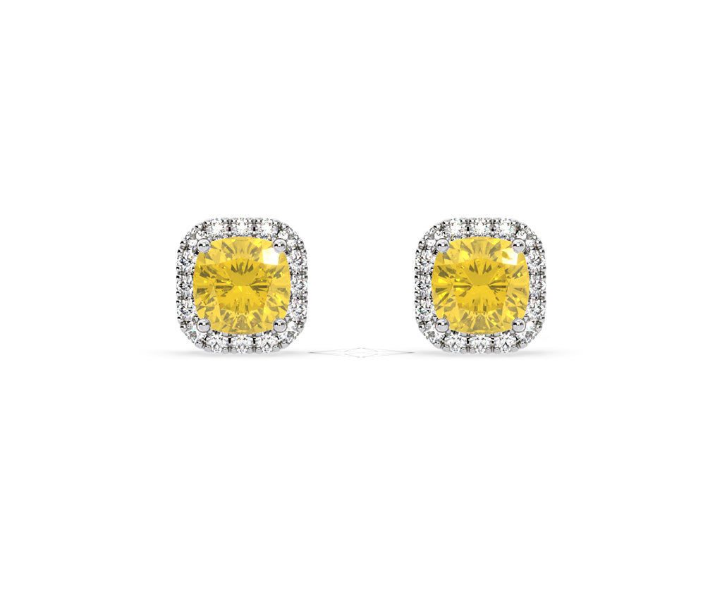 Beatrice Yellow Lab Diamond Cushion Cut 2.45ct Halo Earrings in 18K White Gold - Elara Collection