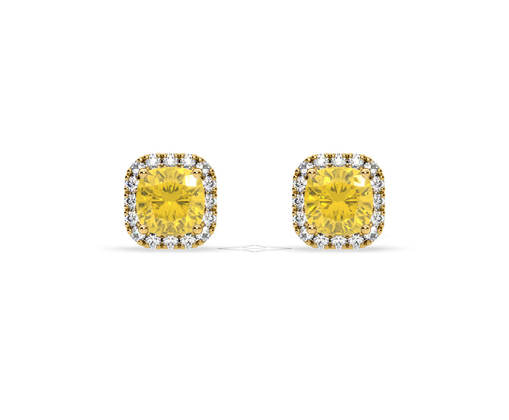 Beatrice Yellow Lab Diamond Cushion Cut 2.45ct Halo Earrings in 18K Yellow Gold - Elara Collection