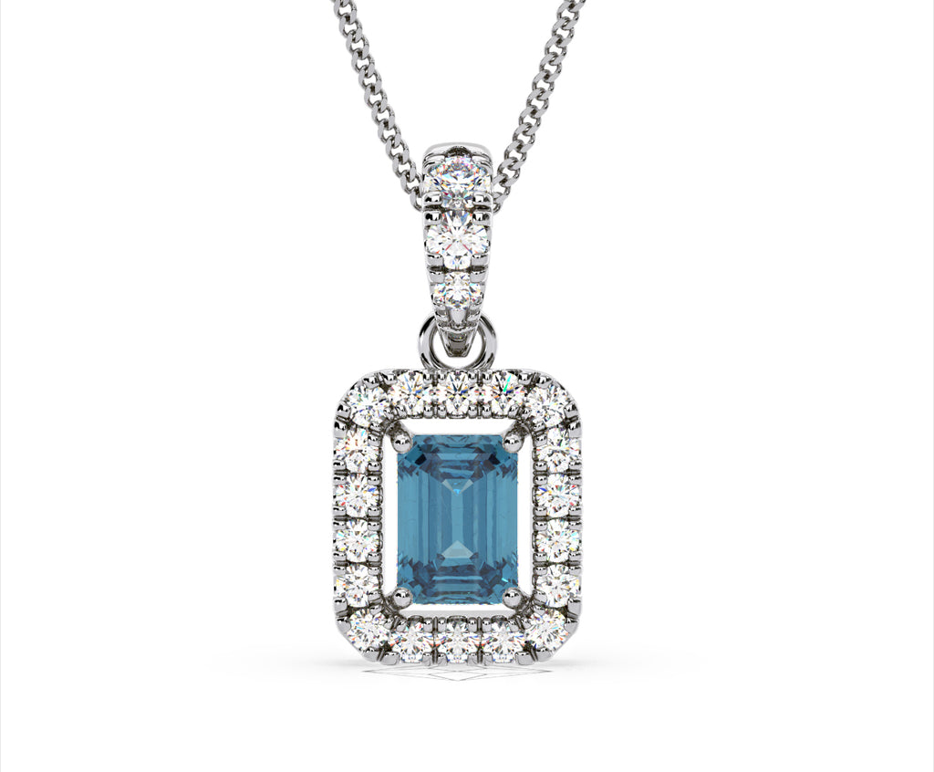 Annabelle Blue Lab Diamond Emerald Cut Halo Necklace 1.38ct in 18K White Gold - Elara Collection