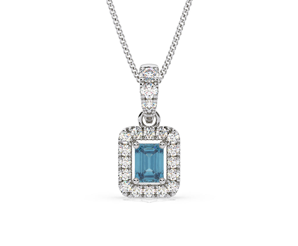 Annabelle Blue Lab Diamond Emerald Cut Halo Necklace 0.70ct in 18K White Gold - Elara Collection