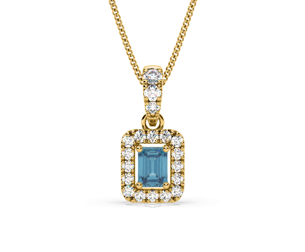 Annabelle Blue Lab Diamond Emerald Cut Halo Necklace 0.70ct in 18KGold - Elara Collection