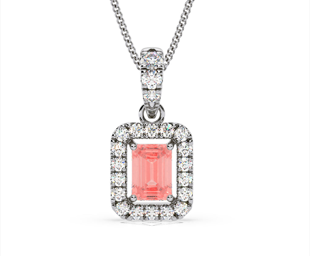 Annabelle Pink Lab Diamond Emerald Cut Halo Necklace 1.38ct in 18K White Gold - Elara Collection