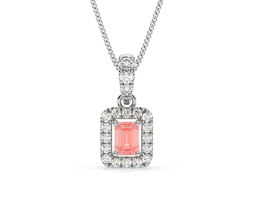 Annabelle Pink Lab Diamond Emerald Cut Halo Necklace 0.70ct in 18K White Gold - Elara Collection