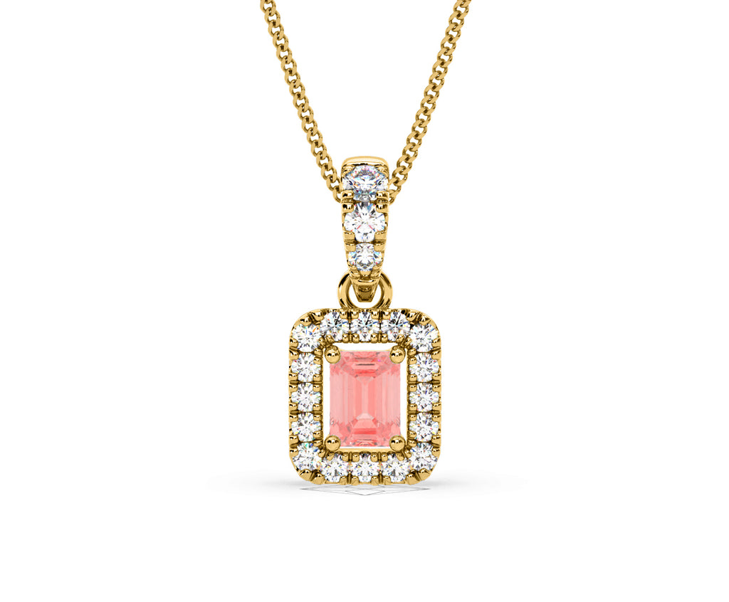 Annabelle Pink Lab Diamond Emerald Cut Halo Necklace 0.70ct in 18KGold - Elara Collection