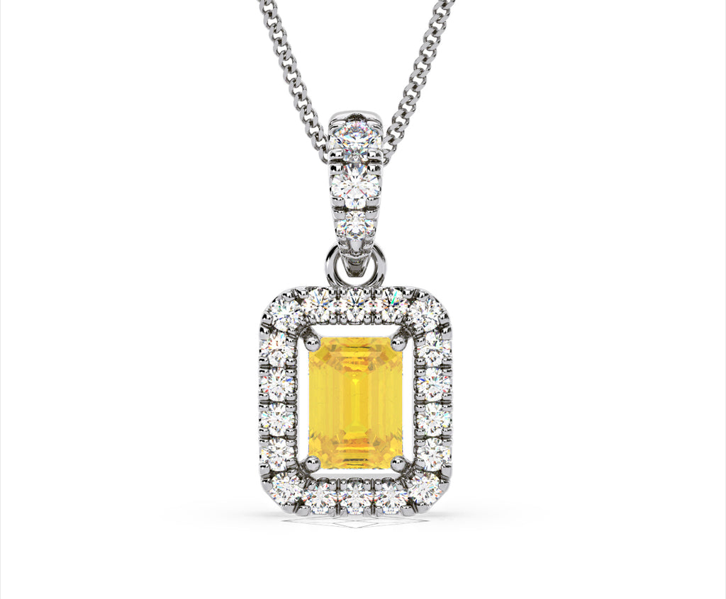 Annabelle Yellow Lab Diamond Emerald Cut Halo Necklace 1.38ct in 18K White Gold - Elara Collection