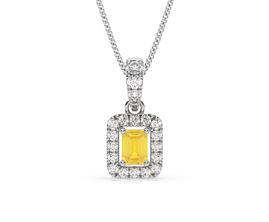 Annabelle Yellow Lab Diamond Emerald Cut Halo Necklace 0.70ct in 18K White Gold - Elara Collection