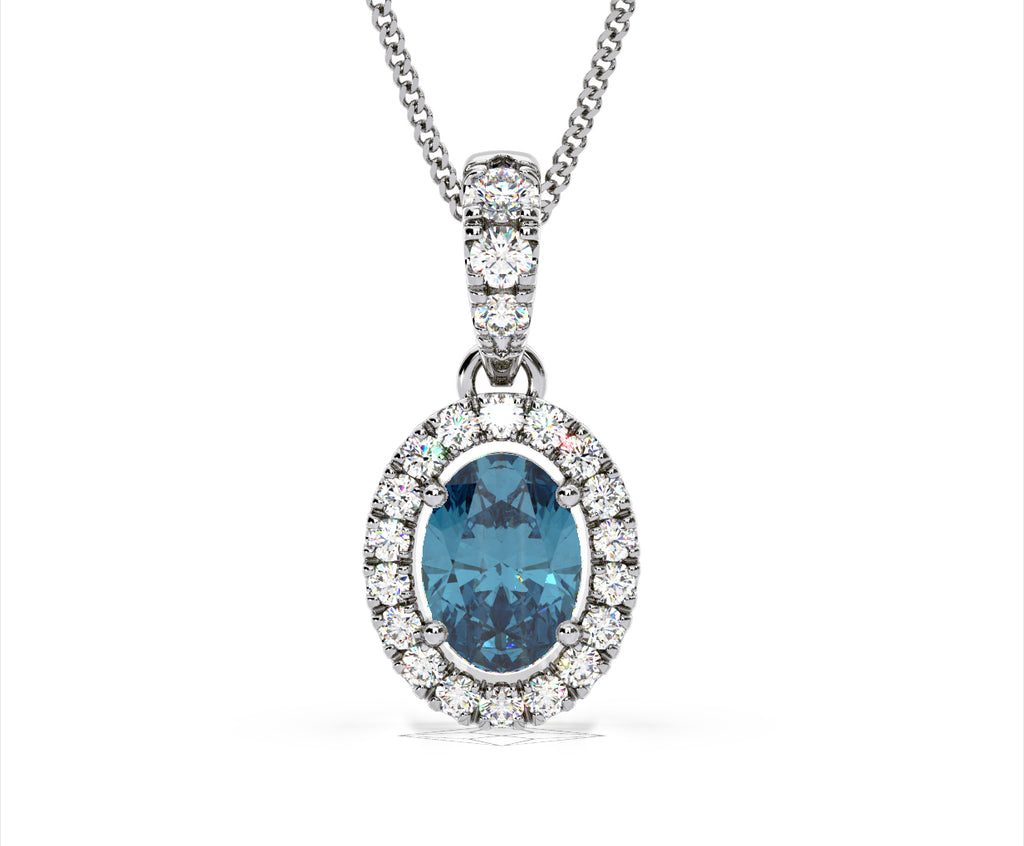 Georgina Blue Lab Diamond Oval Halo Necklace 1.38ct in 18K White Gold - Elara Collection