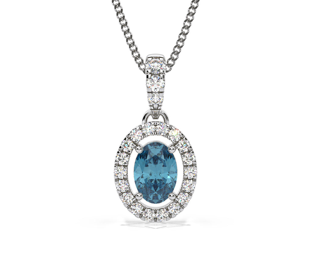 Georgina Blue Lab Diamond Oval Halo Necklace 0.70ct in 18K White Gold - Elara Collection