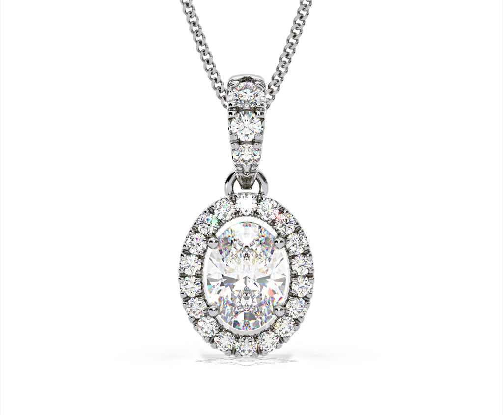 Georgina Oval Lab Diamond Halo Pendant Necklace 1.38ct in 18K White Gold F/VS1