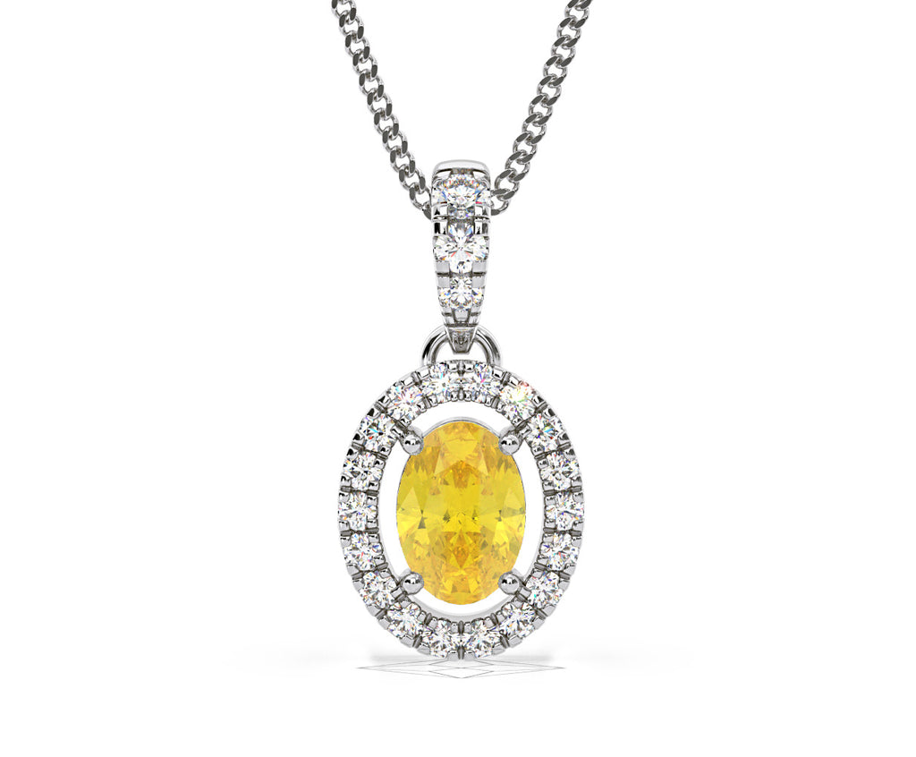 Georgina Yellow Lab Diamond Oval Halo Necklace 0.70ct in 18K White Gold - Elara Collection