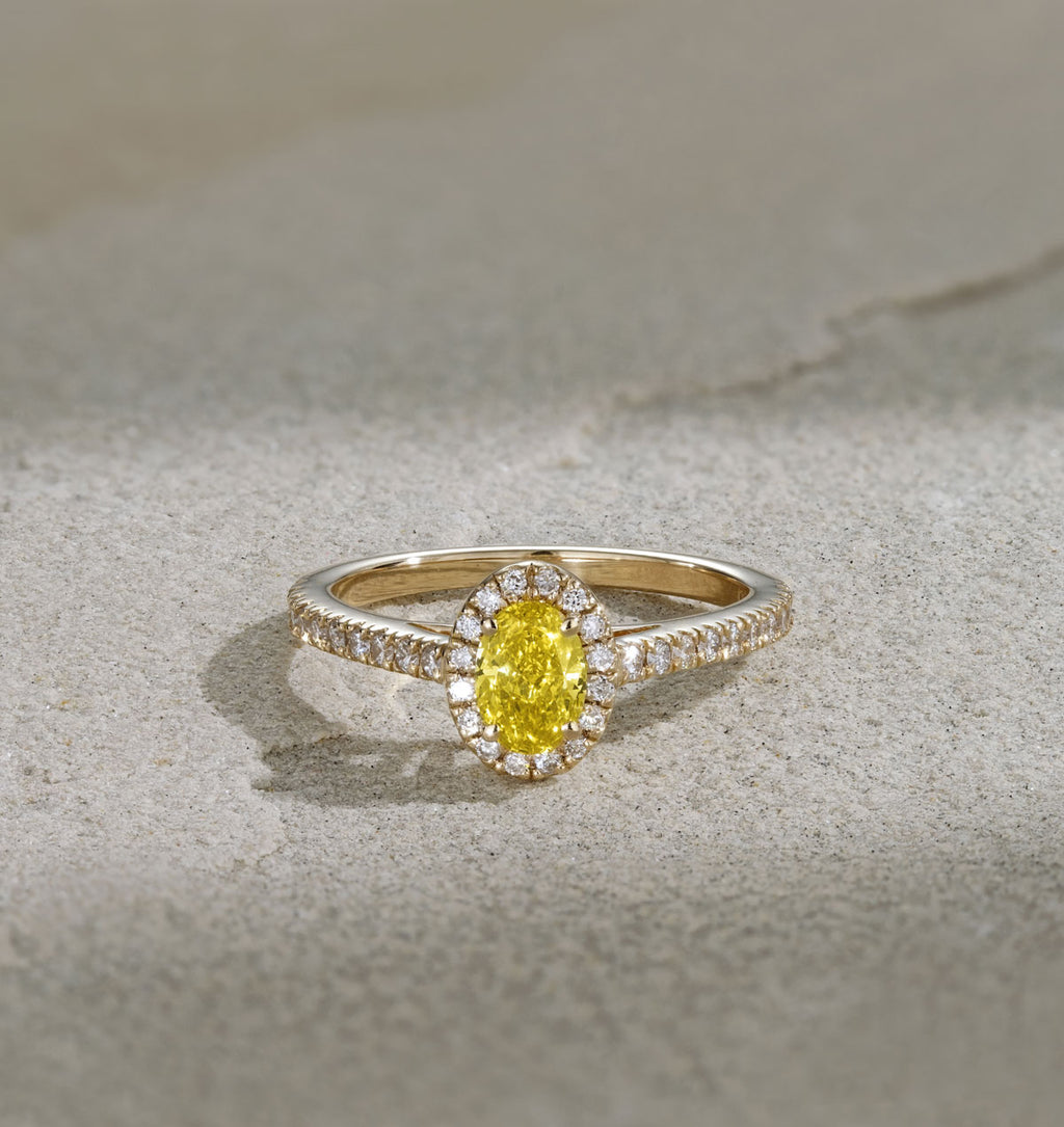 Georgina Yellow Lab Diamond Oval Halo 0.90ct Ring in 18K Yellow Gold - Elara Collection