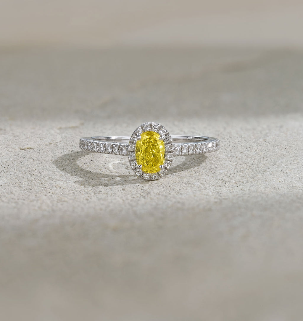 Georgina Yellow Lab Diamond Oval Halo 0.90ct Ring in 18K White Gold - Elara Collection