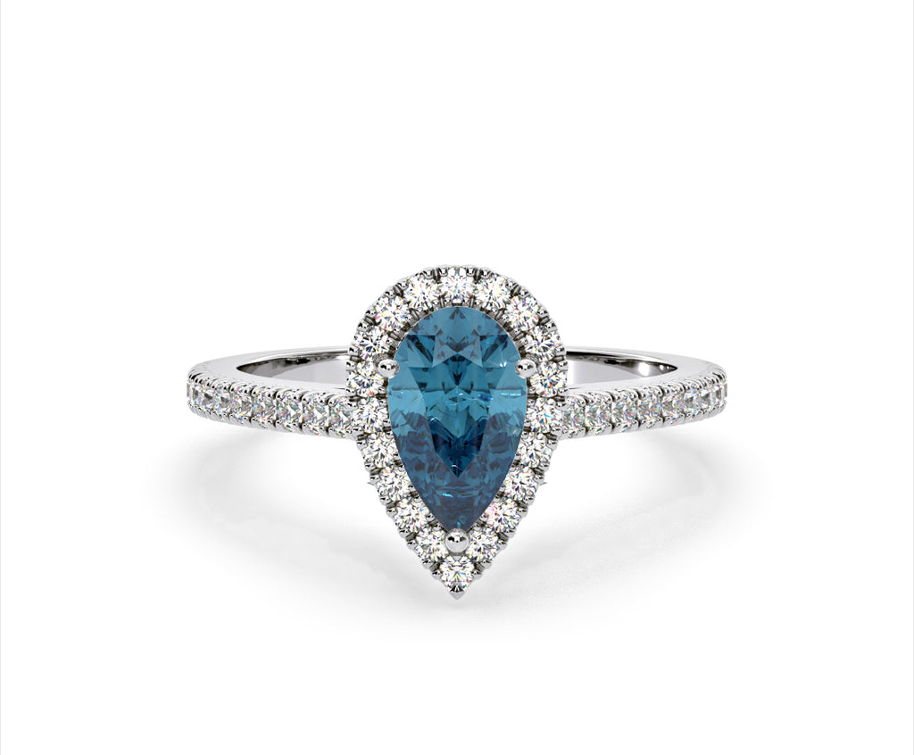 Diana Blue Lab Diamond Pear Halo Ring 1.60ct in 18K White Gold - Elara Collection