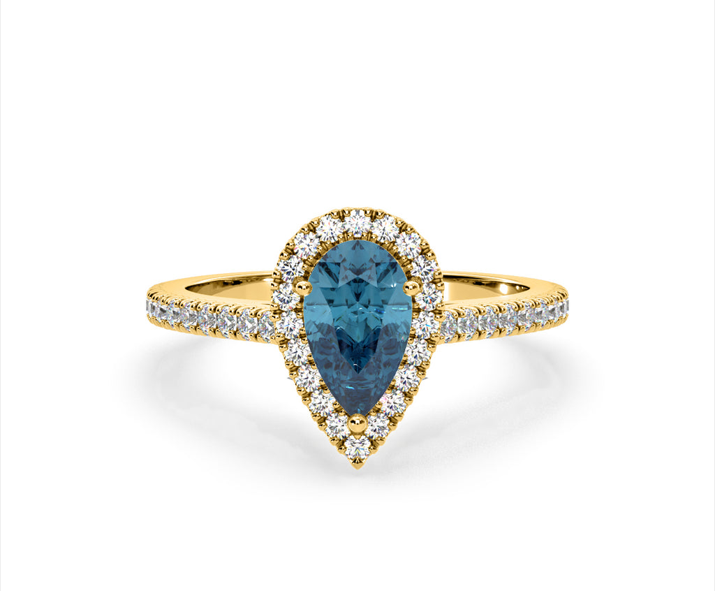 Diana Blue Lab Diamond Pear Halo Ring 1.60ct in 18K Yellow Gold - Elara Collection