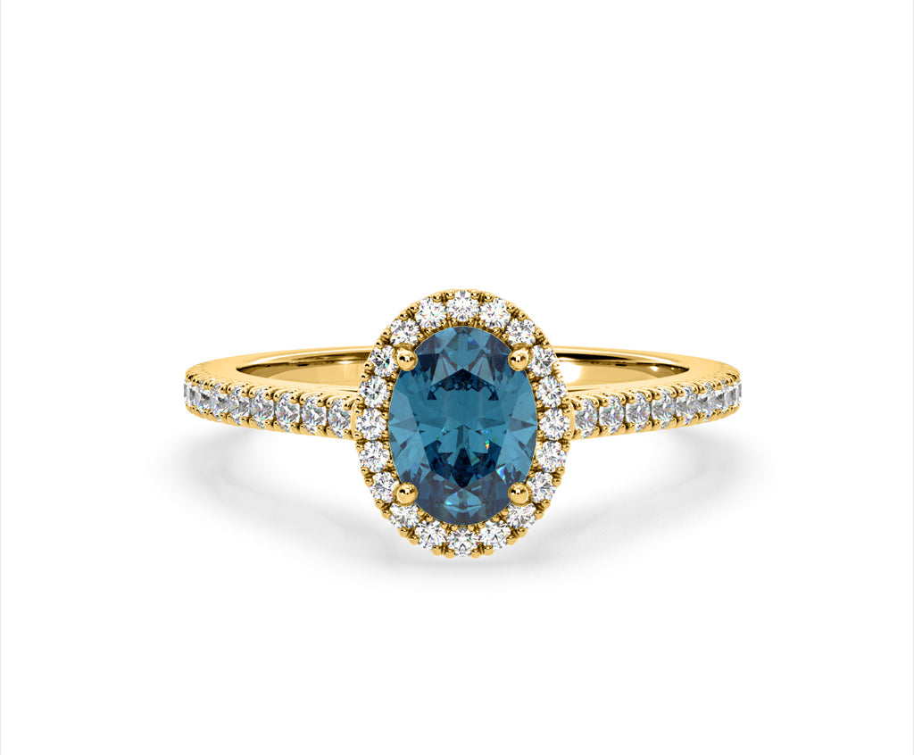 Georgina Blue Lab Diamond Oval Halo 1.60ct Ring in 18K Yellow Gold - Elara Collection