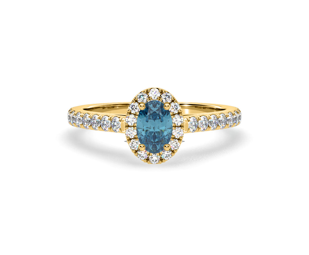 Georgina Blue Lab Diamond Oval Halo 0.90ct Ring in 18K Yellow Gold - Elara Collection