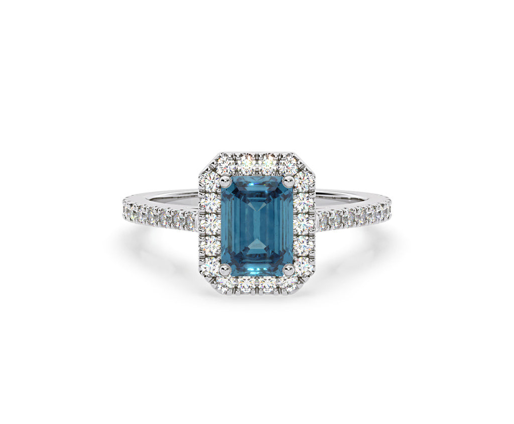 Annabelle Blue Lab Diamond 1.65ct Emerald Cut Halo Ring in 18K White Gold - Elara Collection