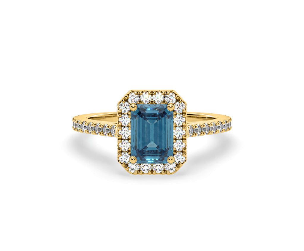 Annabelle Blue Lab Diamond 1.65ct Emerald Cut Halo Ring in 18K Yellow Gold - Elara Collection