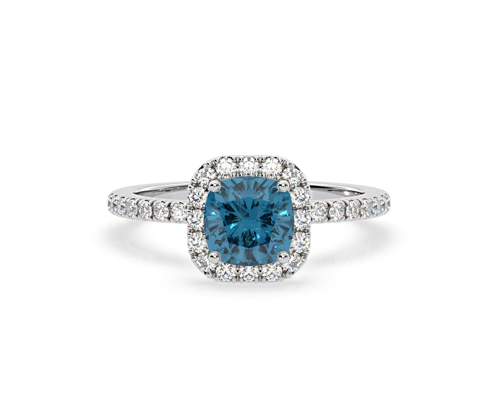 Beatrice Blue Lab Diamond 1.65ct Cushion Halo Ring in 18K White Gold- Elara Collection