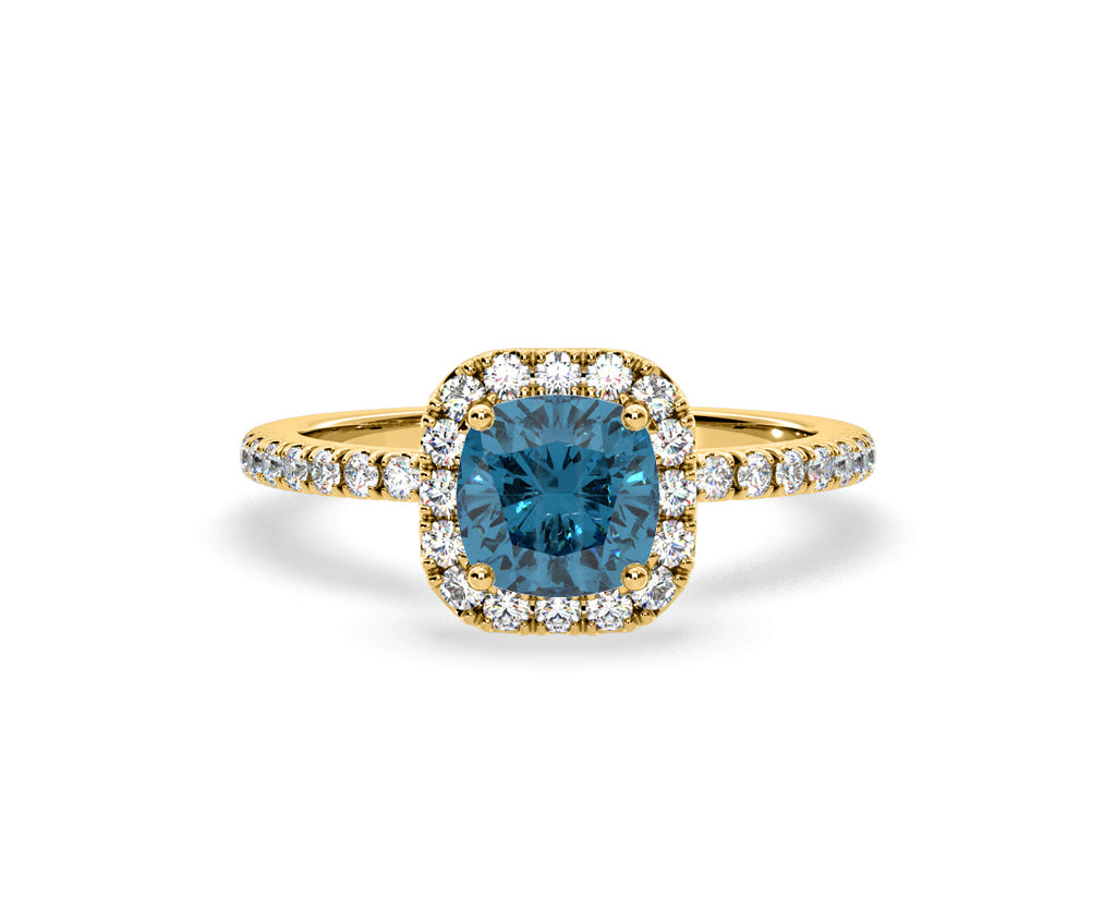 Beatrice Blue Lab Diamond 1.65ct Cushion Halo Ring in 18K Yellow Gold- Elara Collection