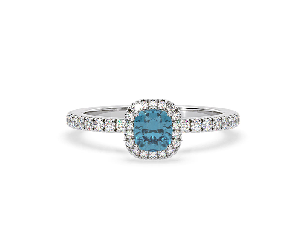 Beatrice Blue Lab Diamond 1.00ct Cushion Halo Ring in Platinum - Elara Collection