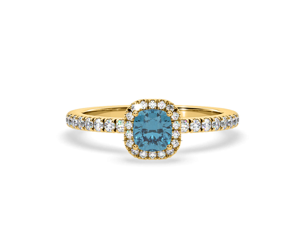 Beatrice Blue Lab Diamond 1.00ct Cushion Halo Ring in 18K Yellow Gold- Elara Collection