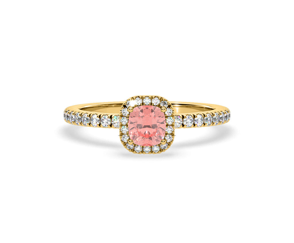 Beatrice Pink Lab Diamond 1.00ct Cushion Halo Ring in 18K Yellow Gold- Elara Collection