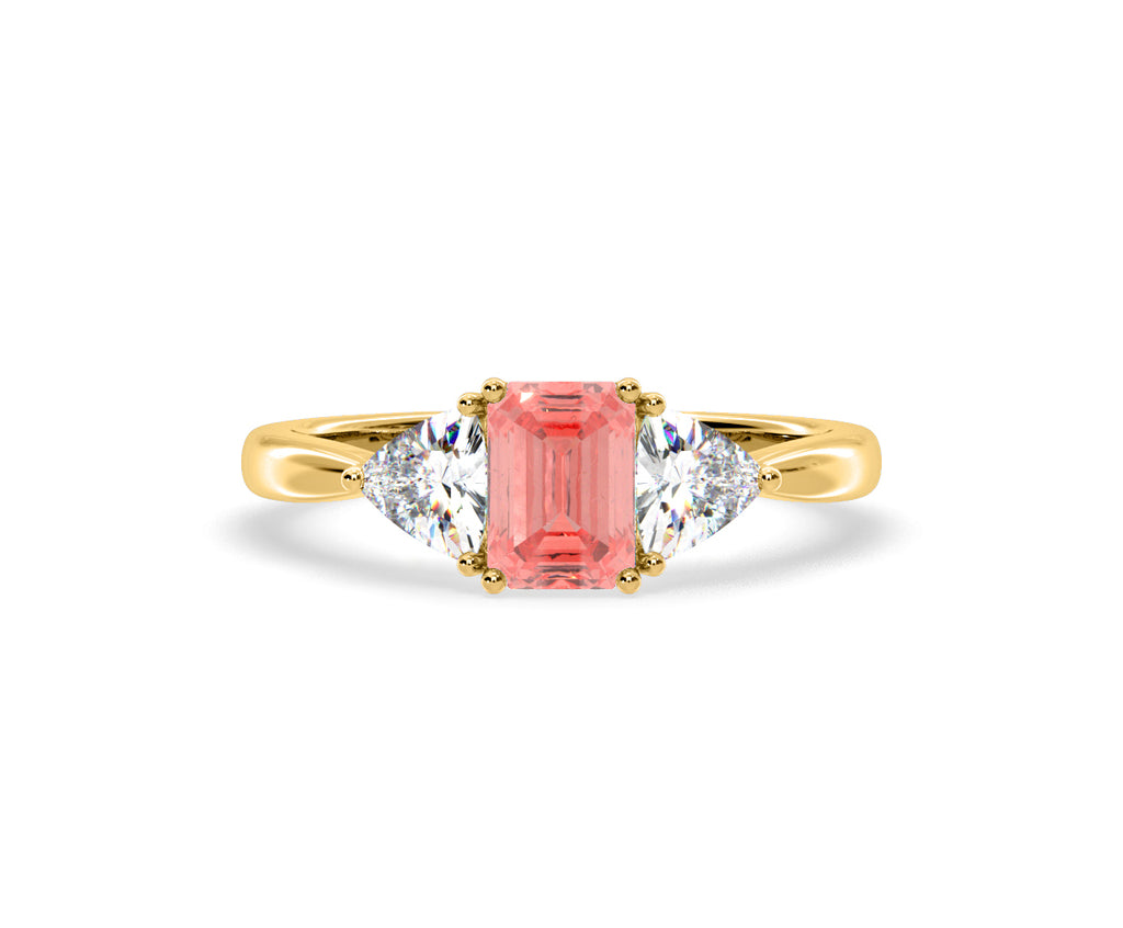 Aurora Pink Lab Diamond Emerald Cut and Trillion 1.70ct Ring in 18K Yellow Gold - Elara Collection