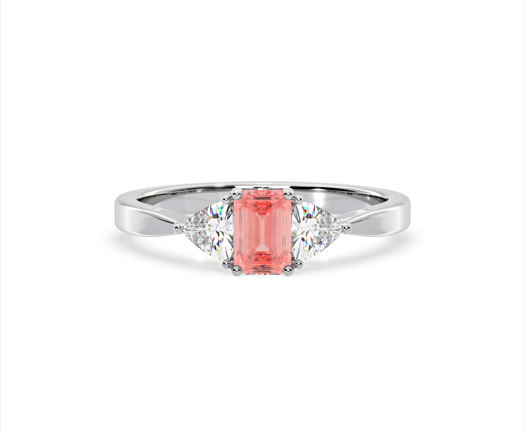 Aurora Pink Lab Diamond Emerald Cut and Trillion 1.00ct Ring in Platinum - Elara Collection