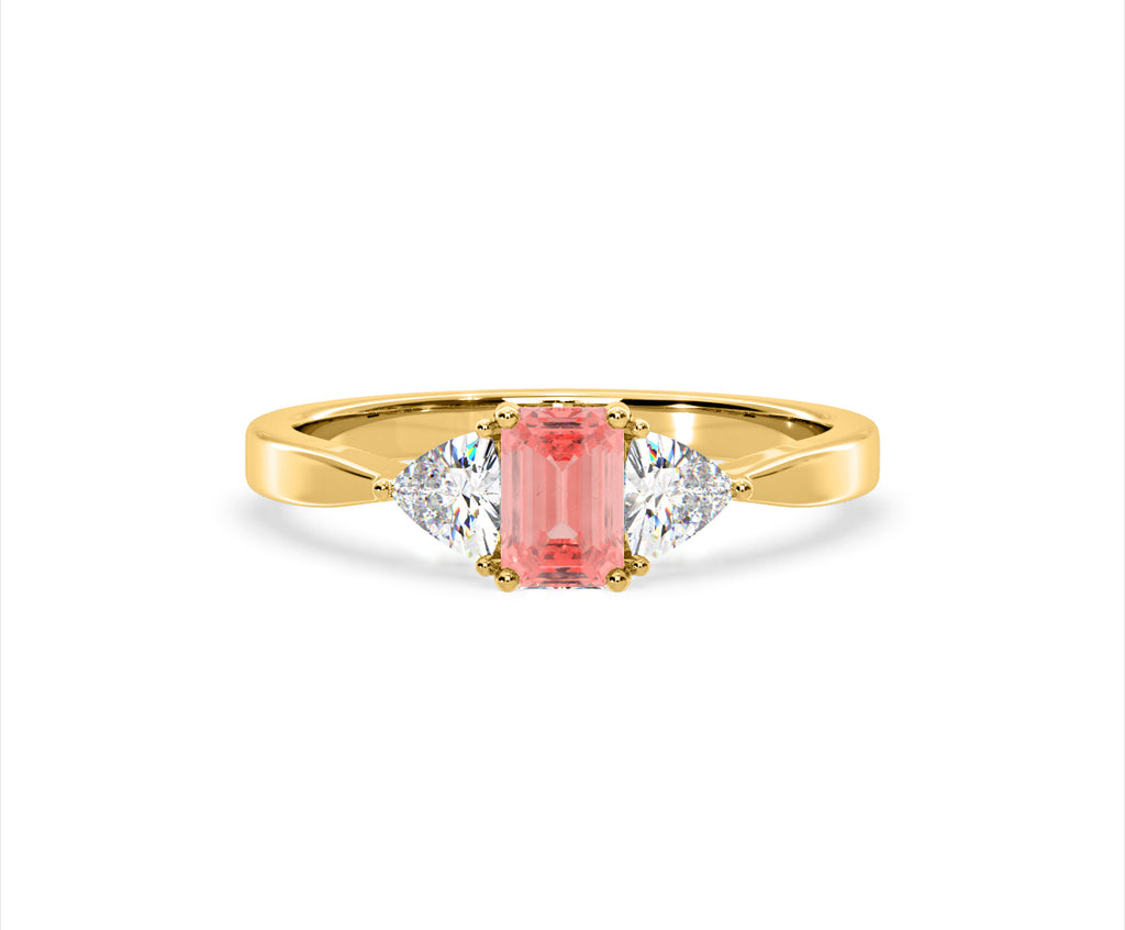 Aurora Pink Lab Diamond Emerald Cut and Trillion 1.00ct Ring in 18K Yellow Gold - Elara Collection