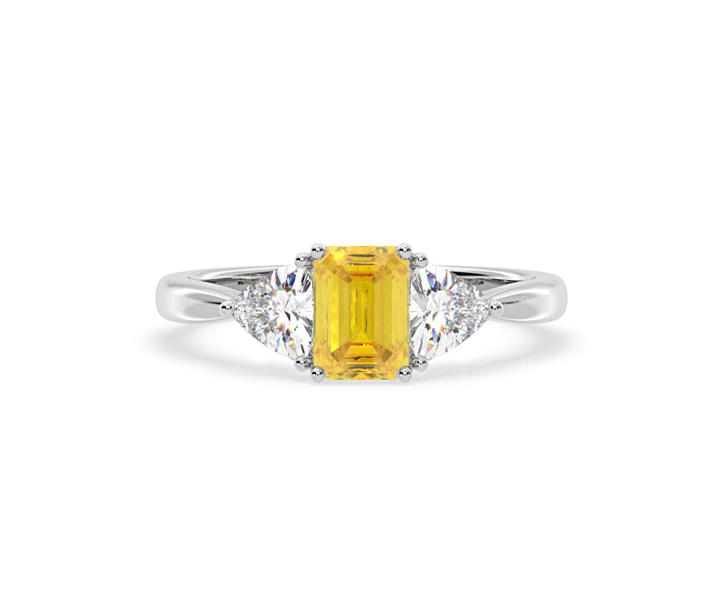 Aurora Yellow Lab Diamond Emerald Cut and Trillion 1.70ct Ring in 18K White Gold - Elara Collection