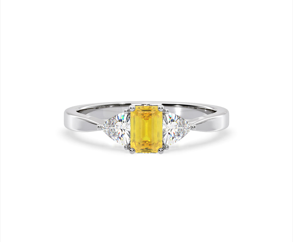 Aurora Yellow Lab Diamond Emerald Cut and Trillion 1.00ct Ring in 18K White Gold - Elara Collection