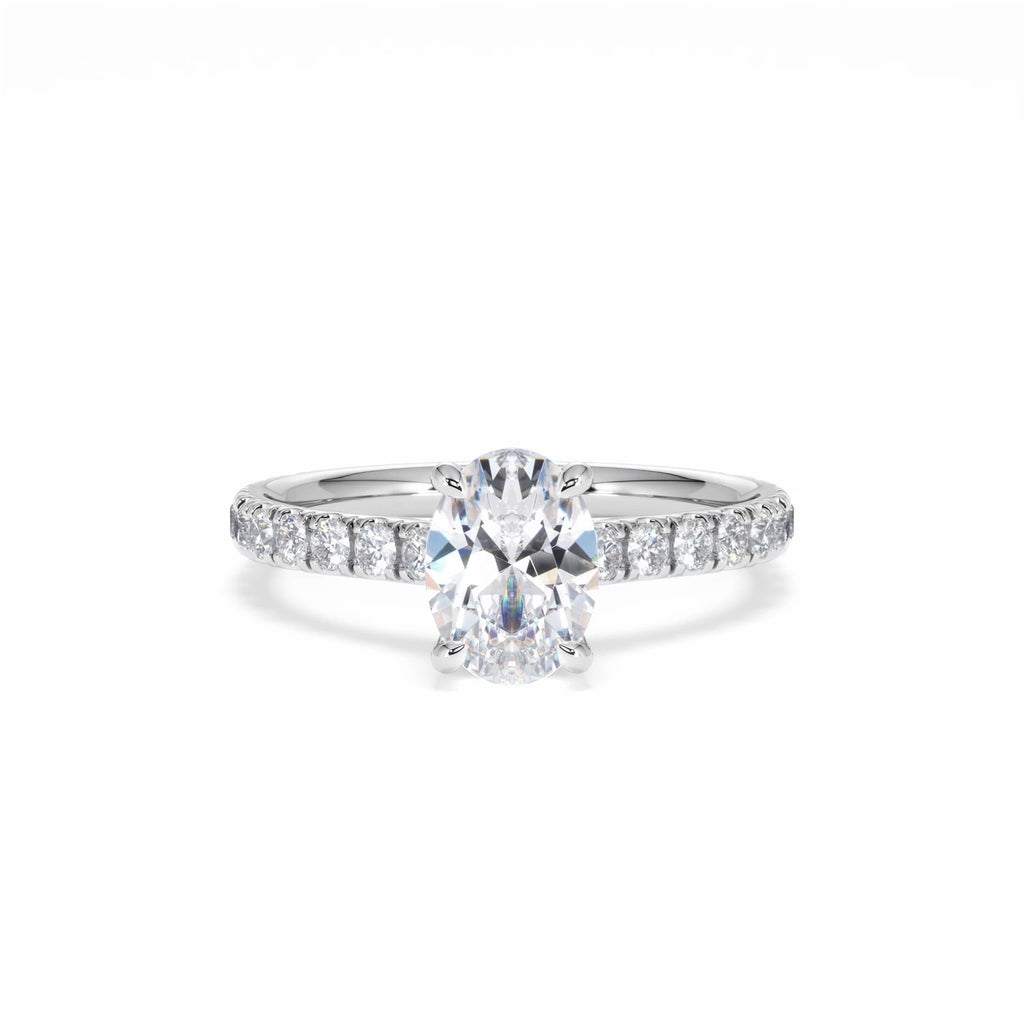 Amora Oval 1.00ct Hidden Halo Diamond Engagement Ring With Side Stones Set in 18K White Gold